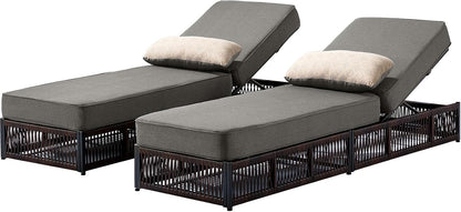 Luxury Outdoor Chaise Lounges with 5 Inch Thickened Cushions - Set of 2 High Back Brown Wicker Patio Recliners Rattan Reclining Chairs Porch Poolside Pool Sunbathing Lounger - Grey