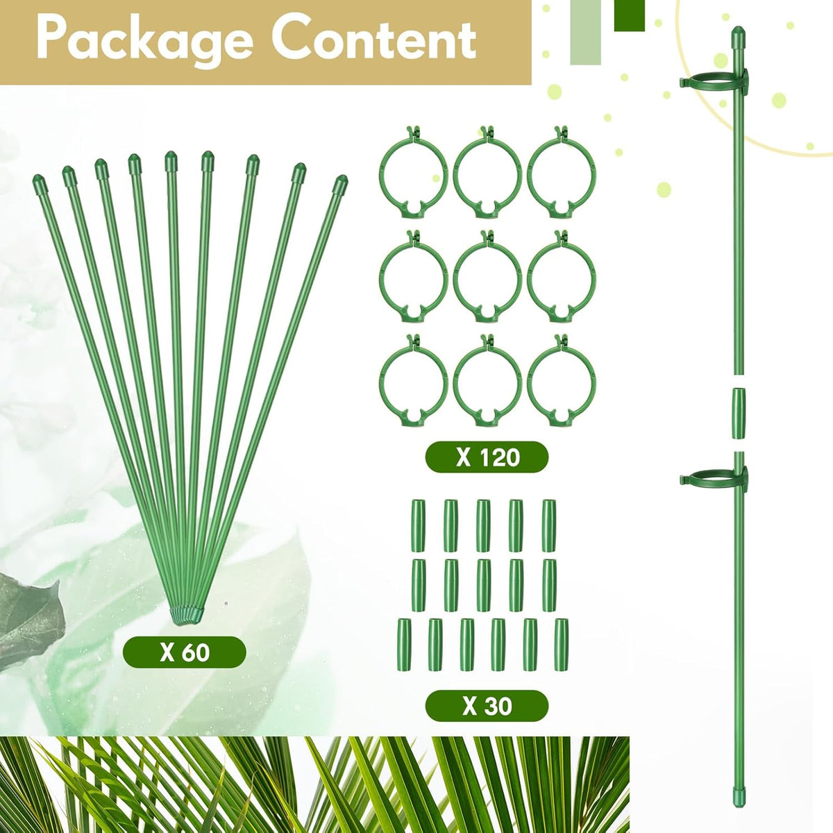 meekoo 60 Pcs Adjustable Garden Plant Support Stakes Single Stem Plant Cage Support Rings with Clips and Connect Pipe for Orchid Rose Tomato, 12 Inch (Green)