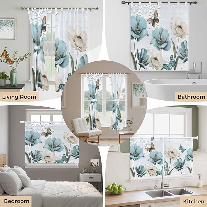 Blue Tulips Living Room Curtains 84 Inch Length, Window Curtains Tab Top, Watercolor Flowers Butterfly Spring Farmhouse Blue Light Filtering Window Treatments Drapes 52"x84" 2 Panel