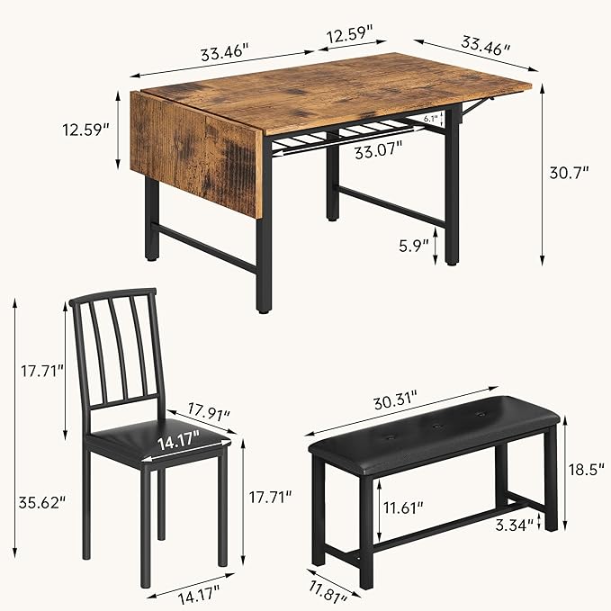 Lamerge 4-Piece Dining Table Set for 3-6 People, 63" Extendable Kitchen Table Set with 1 Bench and 2 Backrest Chairs, Faux Wood Table Square Dining Table Set with Drop Leaf for Small Space