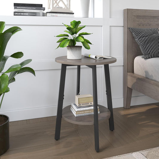 sthmec Side Table Set of 2, Small Round End Table with Storage Shelf for Small Space, 2-Tier Bedside Table Sofa Couch Table, Nighstands Set of 2 Accent Table for Living Room, Bedroom, Grey