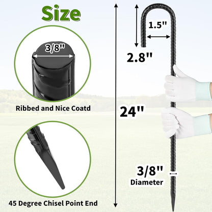 24 inches J Hook Rebar Stakes (16-Pack), Extra Long Garden Stakes with Chisel Point End Steel Rebar Ground Stakes for Tent Chain Link Fence and Outdoor Decorations Black Coated