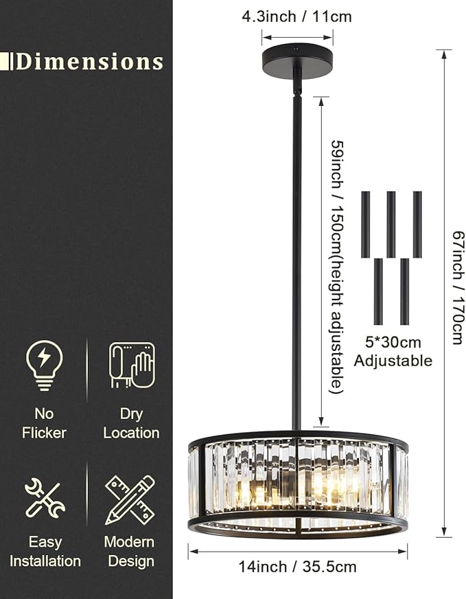 Black Flush Mount Ceiling Light, 2- Light Caged Crystal Chandelier, Small Drum Hallway Light fixtures Ceiling Mount (14 INCH Black Pendant Light(3-Light))