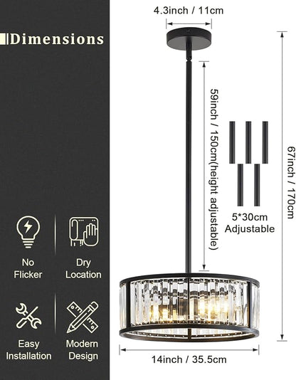 Black Flush Mount Ceiling Light, 2- Light Caged Crystal Chandelier, Small Drum Hallway Light fixtures Ceiling Mount (14 INCH Black Pendant Light(3-Light))