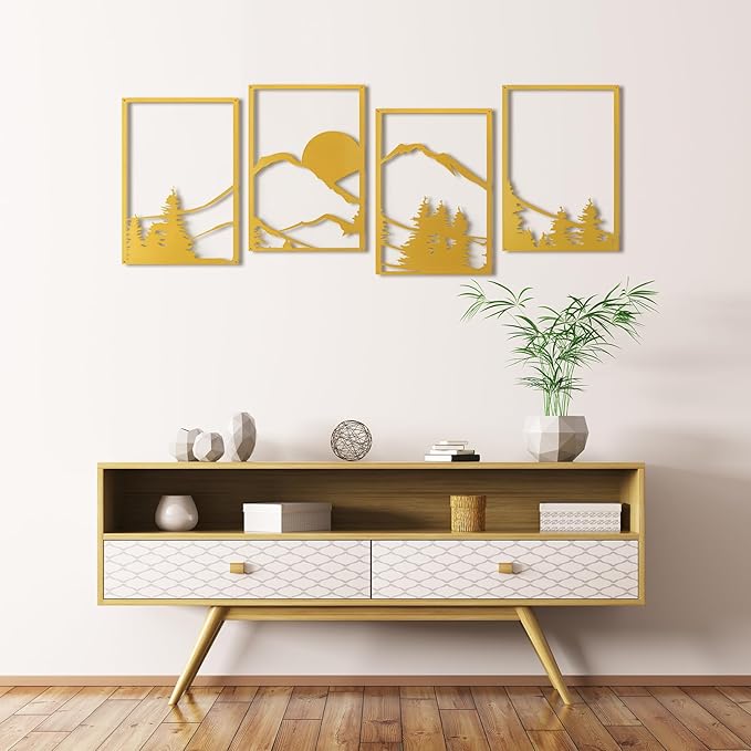 Art3d Black Metal Wall art, 4 Pieces Wall Decor for Living Room Bedroom Hallway Hotel, Natural Mountain Wall Art Style, Line Art Wall Décor