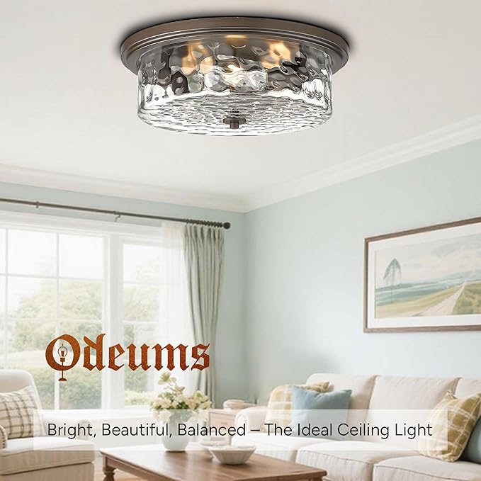 Large Industrial Flush Mount Ceiling Light, 16" 3-Light Modern Ceiling Light Fixture, Farmhouse Close to Ceiling Lighting,Hammered Glass Ceiling Light for Bedroom, Living Room, Kitchen Island