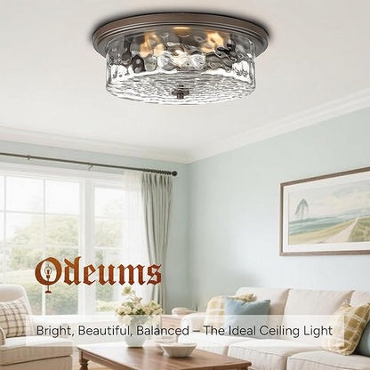 Large Industrial Flush Mount Ceiling Light, 16" 3-Light Modern Ceiling Light Fixture, Farmhouse Close to Ceiling Lighting,Hammered Glass Ceiling Light for Bedroom, Living Room, Kitchen Island