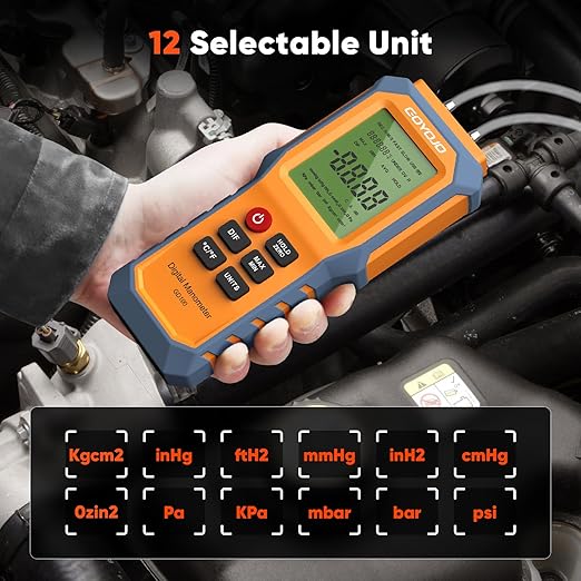 Handheld Manometer with Backlit, Dual-Port HVAC Digital Manometer Gas Pressure Tester, LCD Screen & Indoor Temperature Measurement, 12 Units, for Natural Gas Pipelines Ventilation Detection
