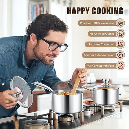 E-far Stainless Steel Saucepan Set - 2Qt & 3 Qt, Triply Sauce Pan Pot with Lid for Cooking Pasta Warming Milk Boiling Water, Small Metal Cookware for Kitchen, Induction Ready & Heavy Duty