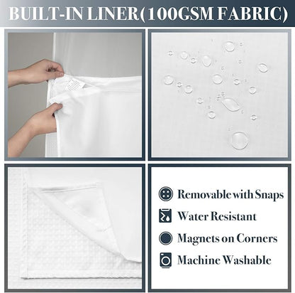 N&Y HOME Waffle Weave Shower Curtain with Snap-in Fabric Liner Set, 12 White Hooks Included - Hotel Style, Waterproof & Washable, Heavyweight Fabric & Mesh Top Window - 71x72, White