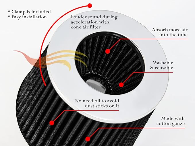BLACK 6" 152 mm Inlet Truck Air Cone Replacement Performance Washable Clamp-On Dry Air Filter (8" Tall)