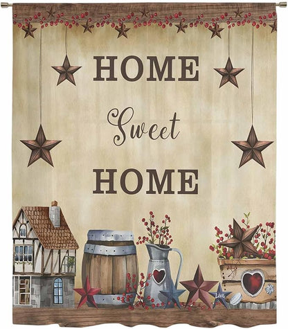 Farm Sheer Curtains 54 Inch Length American Country Barn Star Vintage Berry Brown Chiffon Curtain for Bedroom Living Room Light Filtering Rod Pocket Window Treatments Voile Curtains Drapes for Kitchen