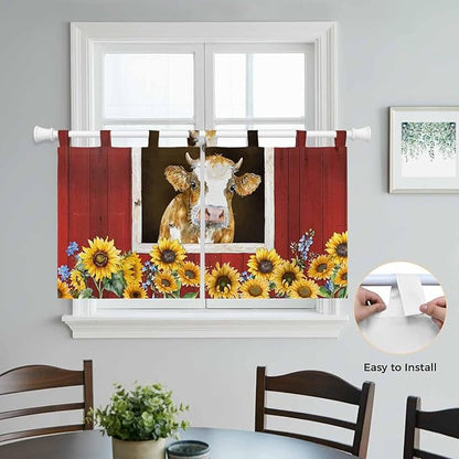 Cows Sunflowers Kitchen Curtains 24 Inch Length, Small Window Curtains Tab Top, Spring Floral Bees Farmhouse Barn Light Filtering Short Window Treatments Tier Drapes 27.5"x24" 2 Panel