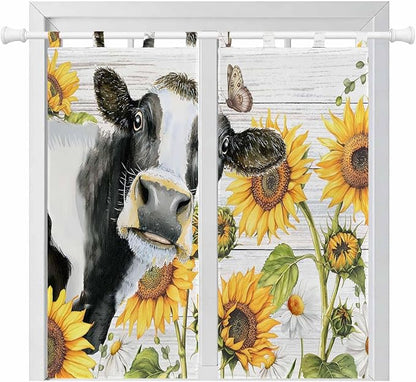 Retro Farmhouse Floral Bathroom Curtains 63 Inch Length, Window Curtains Tab Top, Yellow Sunflowers Cows Butterfly Wood Light Filtering Window Treatments Drapes 52"x63" 2 Panel