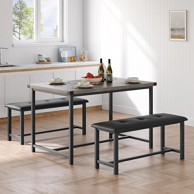 Dining Table Set for 4, Dining Room Table Set with 2 Upholstered Benches, Small Kitchen Table Set, 3 Piece Farmhouse Rectangular Dining Room Table Set, Space Saving Dining Table for Apartment