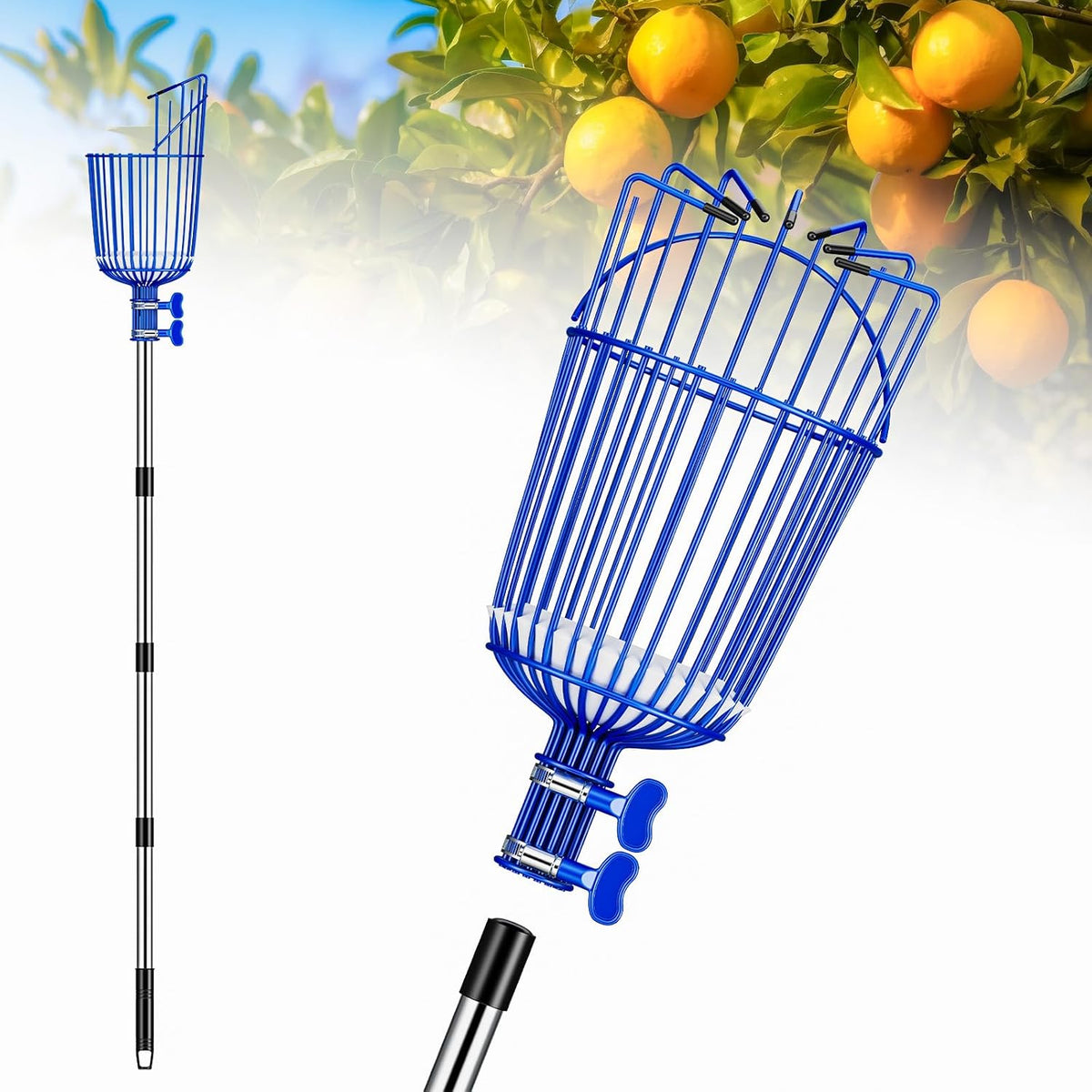 Fruit Picker Pole with Basket Segmented Fruit Picker Pole Tool for Apple Avocado Cherry Lemon Mango Orange Peach Picking(40-70”)