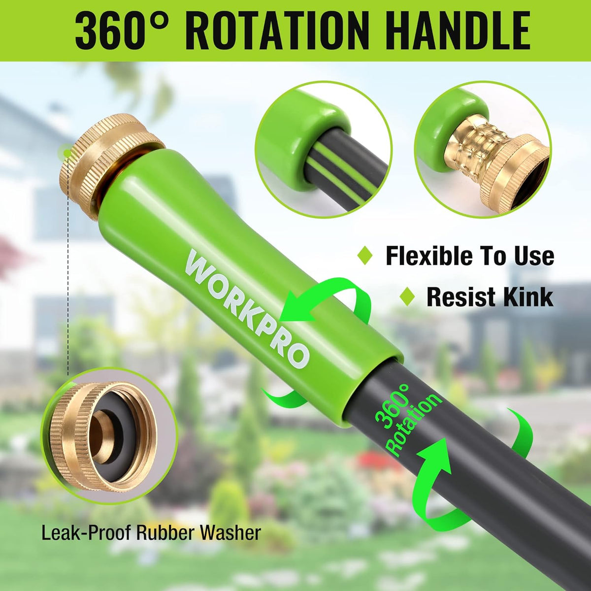 WORKPRO Garden Hose 5/8 IN x 50 FT, Heavy Duty, Flexible and Lightweight Water Hose with Rotary Handle, 3/4" GHT Solid Brass Fittings, for All-weather Outdoor, Lawn, Garden & Yard,Car wash