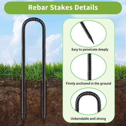 Ground-Stakes-Heavy-Duty-12 inch, U-Hook Rebar Stakes Black Coated Anti-Rust 6pcs Garden Stakes Metal Ground Anchors for Garden Dog Fence Chicken Coop Christmas Decorations Deer Fence