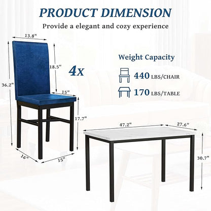 Dining Table Set for 4, 47.2" Faux Marble Kitchen Table Set with 4 Upholstered Velvet Chairs, Dinette Table Set for Dining Room, Kitchen, Breakfast Corner (Blue)