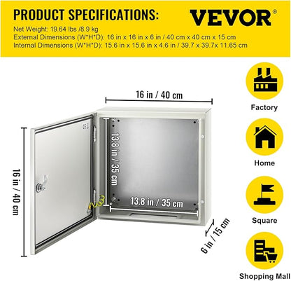VEVOR NEMA Steel Enclosure, 16 x 16 x 6'' NEMA 4X Steel Electrical Box, IP66 Waterproof & Dustproof, Outdoor/Indoor Electrical Junction Box, with Mounting Plate