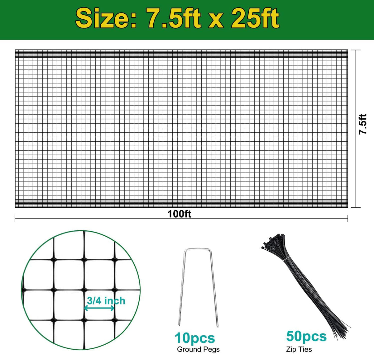 KLEWEE Bird Netting, 7.5 x 25 FT Heavy Plastic Duty Garden Netting to Protect Fruit Trees, Plants and Vegetables Against Birds, Deer, Squirrels and Other Animals