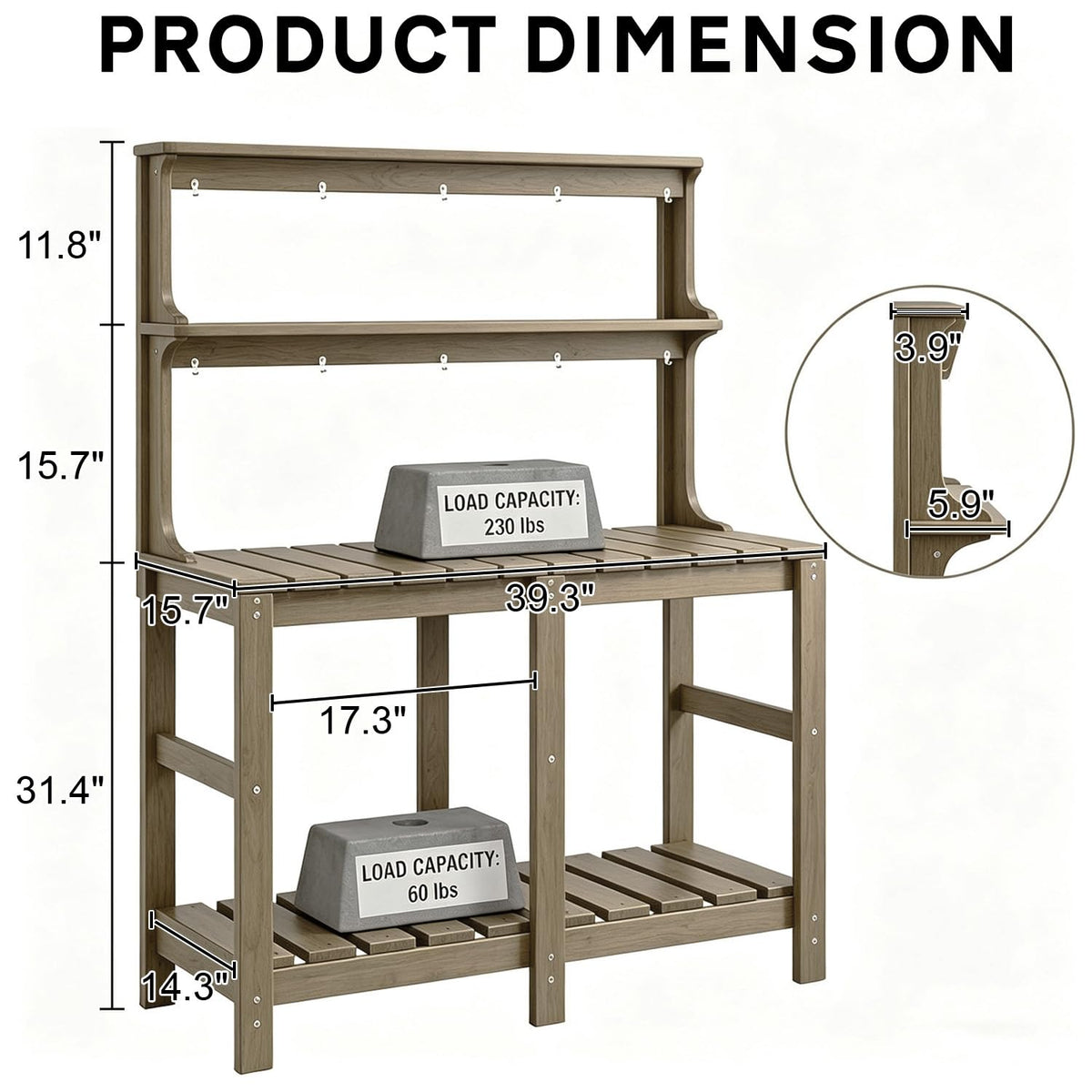 Polyhouz Outdoor Potting Bench with 3 Tier, All-Weather Patio Potting Table with Tool Hooks, HDPE Gardening Table for Backyard, Garden, Brown