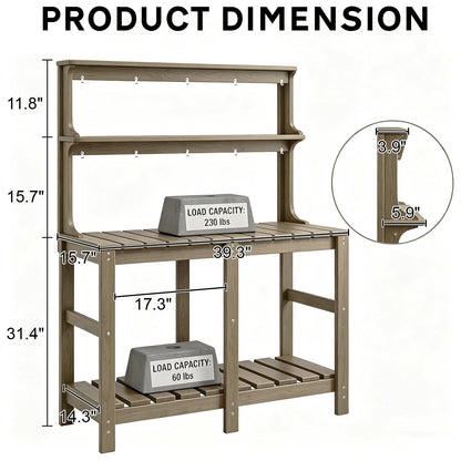 Polyhouz Outdoor Potting Bench with 3 Tier, All-Weather Patio Potting Table with Tool Hooks, HDPE Gardening Table for Backyard, Garden, Brown