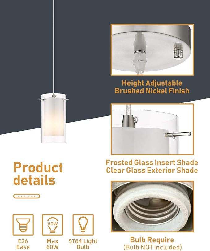 Modern Glass Pendant Light 2 Pack, Adjustable Hanging Pendant Lighting Kitchen Lights Island Dining Room Bathroom Bar, Brushed Nickel Finish