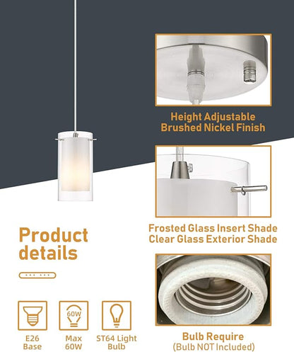 1-Light Pendant Light, Indoor Glass Hanging Light Fixture, Adjustable Height, Brushed Nickel Finish for Kitchen Dining Room, KP-506