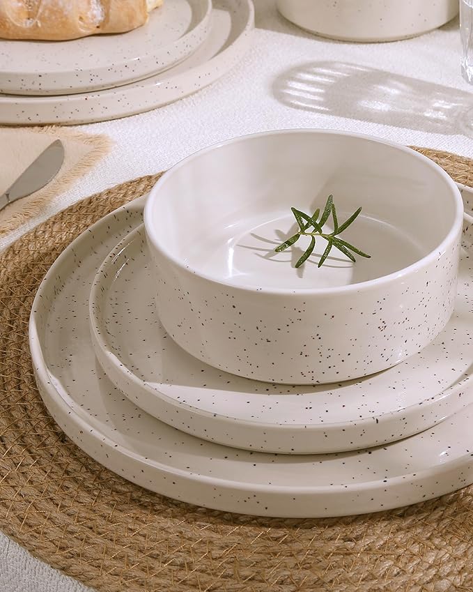 Famiware Nebula Plates and Bowls Sets, 18 Pieces Dinnerware Sets, Dishes Set for 6, Creamy White with Colorful Speckles