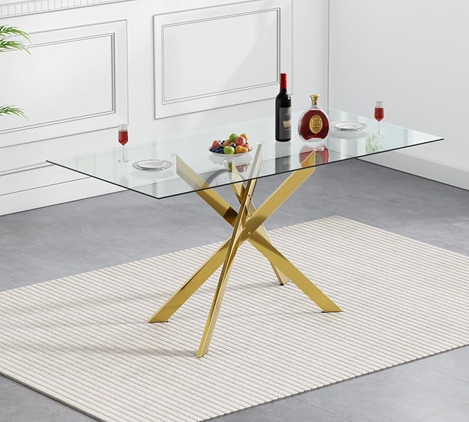 51" Rectangular Glass Dining Table Modern Kitchen Glass Top Table for 4 with Gold Metal Legs, Clear Dining Table Kitchen Table for Home Office Dining Room