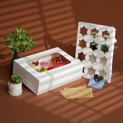 Yeplan 5 Packs Cupcake Boxes 12 Count,White Cupcake Carriers with Window,13.4x9.8x4 Inches Cookie Boxes,Cupcake Containers,Bakery Boxes