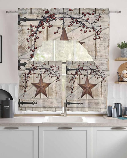 Village Stars Swag Kitchen Curtains Valance and Tier Set, Vintage Rust Yellow Star Berry Beige Barn Doors Light-Filtering Swag Valance 36 Inch Length, Rod Pocket Short Curtain for Bedroom Cafe