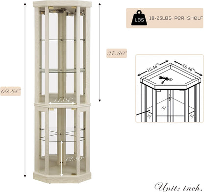 Corner Curio Cabinet, 70" H Lighted Glass Display Cage with Tempered Glass Doors and 5 Adjustable Shelves, Light Bulb Inclued, Wine Bar China Cabinet for Living Room (White)