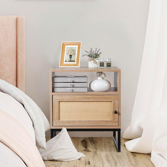 Nightstands End Table, PE Rattan Decor Drawer Opening Shelf, Set of 2 Bed Side Tables with Solid Steel Feet,for Bedroom Living Room Hallway, Natural