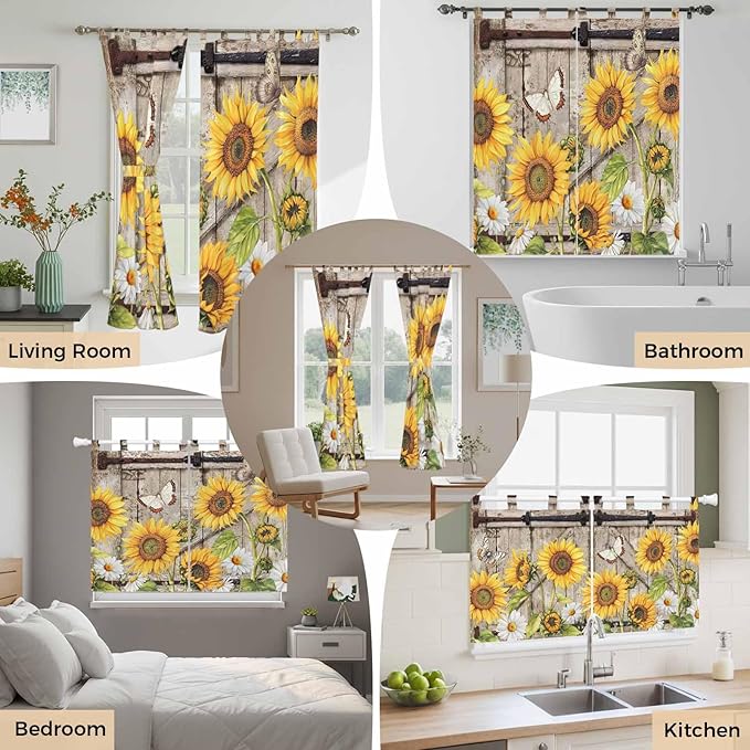 Farmhouse Sunflowers Bathroom Curtains 63 Inch Length, Window Curtains Tab Top, Rustic Barn Doors Flowers Butterfly Wooden Light Filtering Window Treatments Drapes 52"x63" 2 Panel