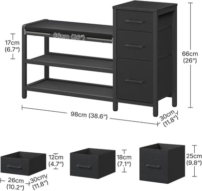 YATINEY Entryway Bench with Shoe Storage, 3-Tier Shoe Rack Bench with Wooden Shelves and 3 Non-Woven Drawers, PU Padded Shoe Storage Bench for Entryway, Bedroom, Black HX07BB