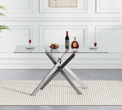 51" Rectangular Glass Dining Table Modern Kitchen Glass Top Table for 4 with Silver Metal Legs, Clear Dining Table Kitchen Table for Home Office Dining Room