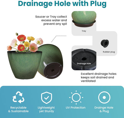 4 Pack 8 inch Plant Pots, Plastic Planter for Indoor Outdoor Plant with Drainage Holes and Saucers, Flower Pots for Garden Home Decor(Green, 4pcs)