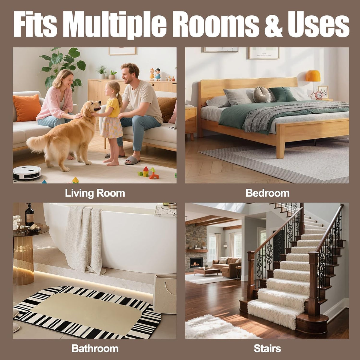 Premium Rug Grippers & Carpet Tape – 8PCS Square Anti-Slip Pads for Area Rugs, 3.9 Inch, Prevent Curling & Sliding, Ideal for Hardwood, Tile, Marble, and Laminate Floors
