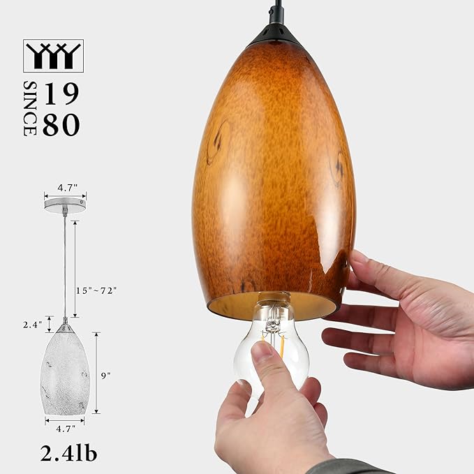 Pendant Lighting, Modern Handblown Amber Color Glass, Oval Art Shade Hanging Light, Oil Rubbed Bronze Finish for Kitchen, Dining Room, Foyer Decor 4.7" Shade (1 Pack)