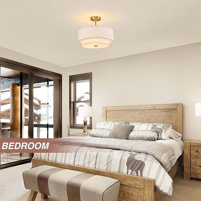 16" Semi Flush Mount Ceiling Light, Gold 3 Light Double Drum Fabric Lampshade Lighting Fixture for Living Room, Bedroom, Dining Room, Kitchen, Hallway (Swivel Canopy for Sloped/Flat Ceiling)