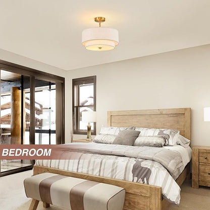 16" Semi Flush Mount Ceiling Light, Gold 3 Light Double Drum Fabric Lampshade Lighting Fixture for Living Room, Bedroom, Dining Room, Kitchen, Hallway (Swivel Canopy for Sloped/Flat Ceiling)