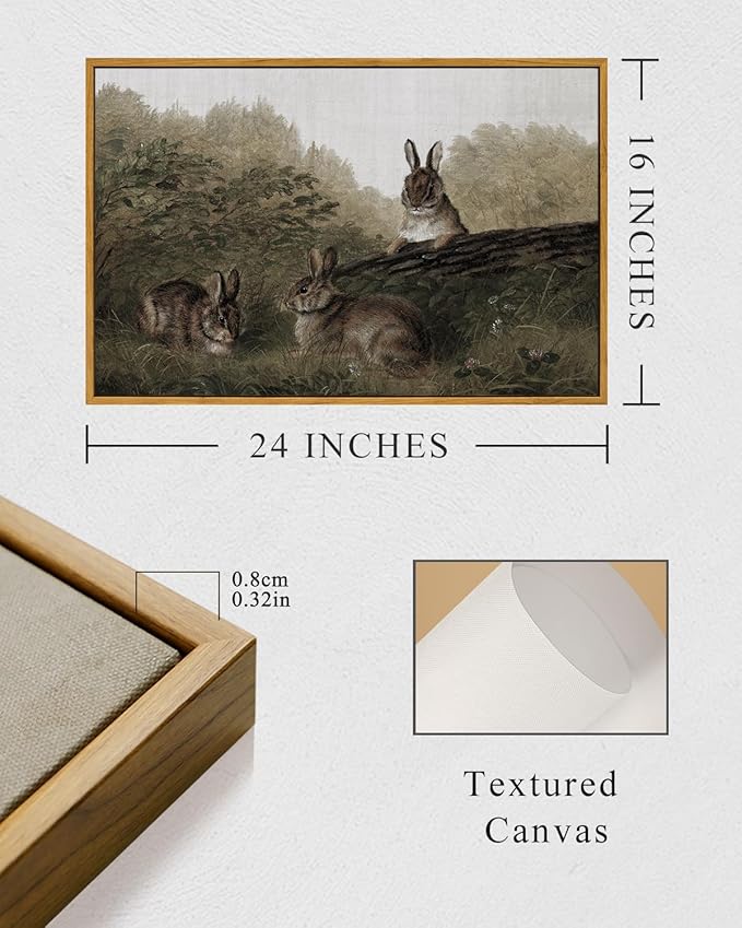 InSimSea Framed Wall Art for Living Room Canvas Print Animal Decor Three Rabbits Vintage Aesthetic Room Decor Landscape Oil Painting Farmhouse Wall Picture for Bedroom Bathroom Office 16x24in