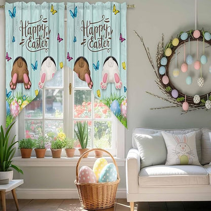 Swag Curtain Valances for Kitchen Windows,Happy Easter Bunny Butt Egg Floral Short Rod Pocket Window Valance,Spring Plant on Aqua Wood Swag Topper for Bedroom Living Room,2 Panels 28x36in