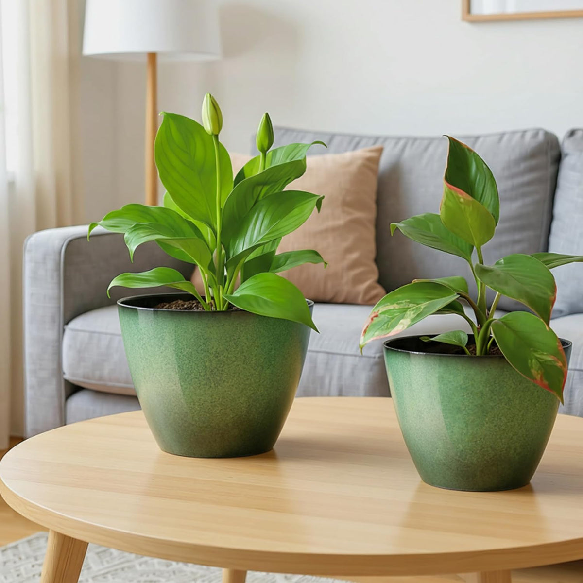 2 Pack Plant Pots for Indoor Outdoor Plants, 8 inch Plastic Flower Pots, Glazed Planter for Aloe, Herbs, Cactus (Green, 2pcs)