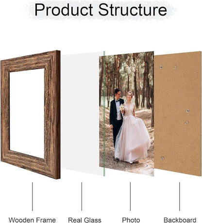 5x7 Picture Frame Set of 4, High Definition Glass Brown Frame, 5 x 7 Wood Rustic Picture Frames for Horizontal or Vertical Table Top and Wall Mounting