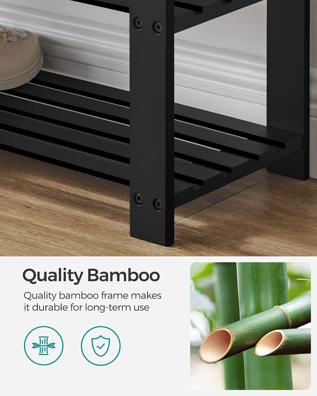 SONGMICS Bamboo Shoe Bench, 3-Tier Shoe Rack Organizer for Entryway, Living Room, Bench Seat Holds Up to 300 lb, 11.9 x 28.3 x 19.2 Inches, Ink Black and Slate Gray ULBS604B01
