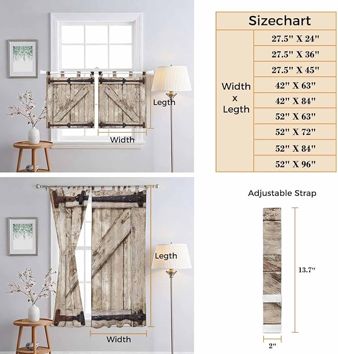 Farmhouse Wood Grain Bathroom Curtains 63 Inch Length, Window Curtains Tab Top, Vintage Country Barn Gate Brown Light Filtering Window Treatments Drapes 52"x63" 2 Panel