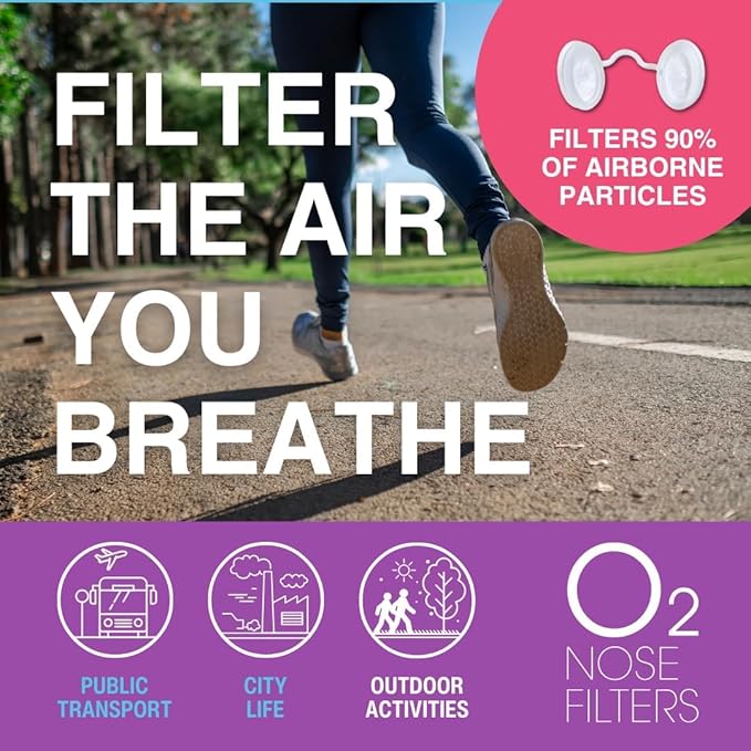 O2 Nose Filters with 3M Filtration - Nasal Screens for Allergies, Dust & Smoke - Drug-Free & Latex-Free Nose Filters - Invisible Allergy Protection (Large x 10)